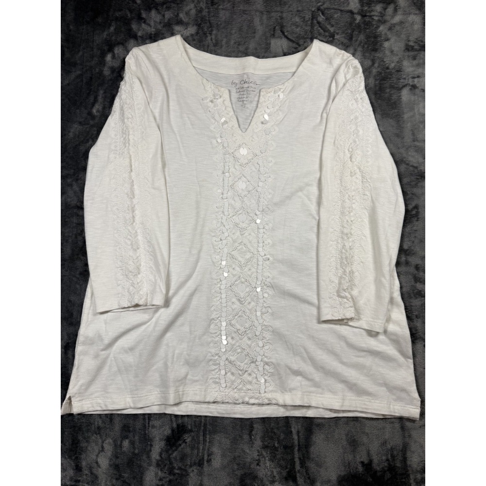 Chico's Women Size 0 4/6 White Embroidered Sequin Slub 3/4 Sleeve Boho Top
